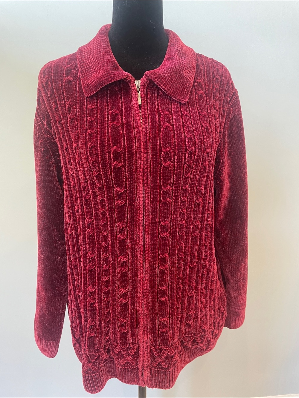Alfred Dunner Burgundy Cable Knit Zip Cardigan